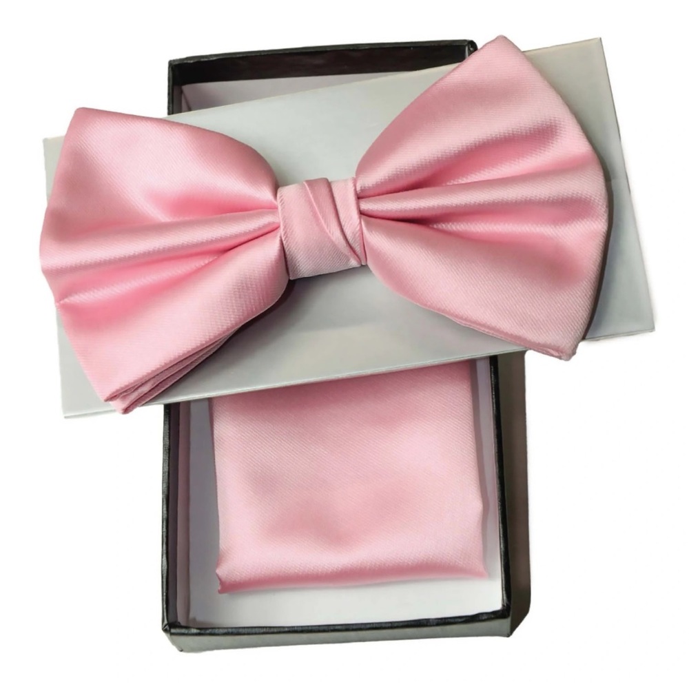 NEW Pink satin adjustable neck bow tie with pocket square/handkerchief
